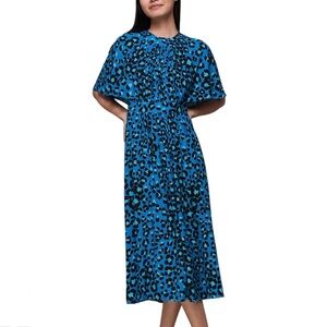 Whistles Amelia Blue Leopard Cape Sleeve Midi Dress US 6